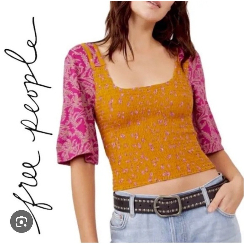Free People Marigold Mix Print Smocked Top ‎ milkmade cottagecore modal blend L